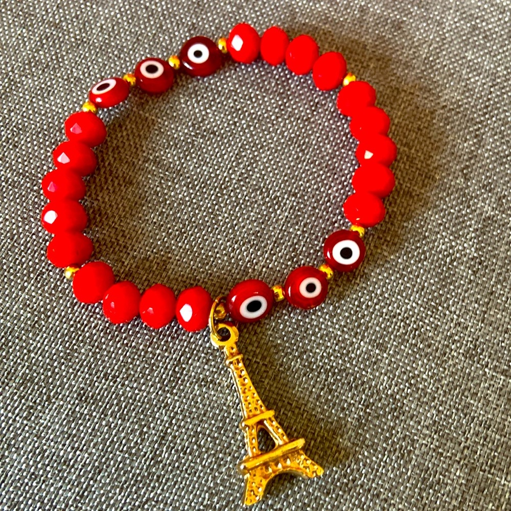 Red Glass Stretchy Bracelet with Eiffel Tower Charm